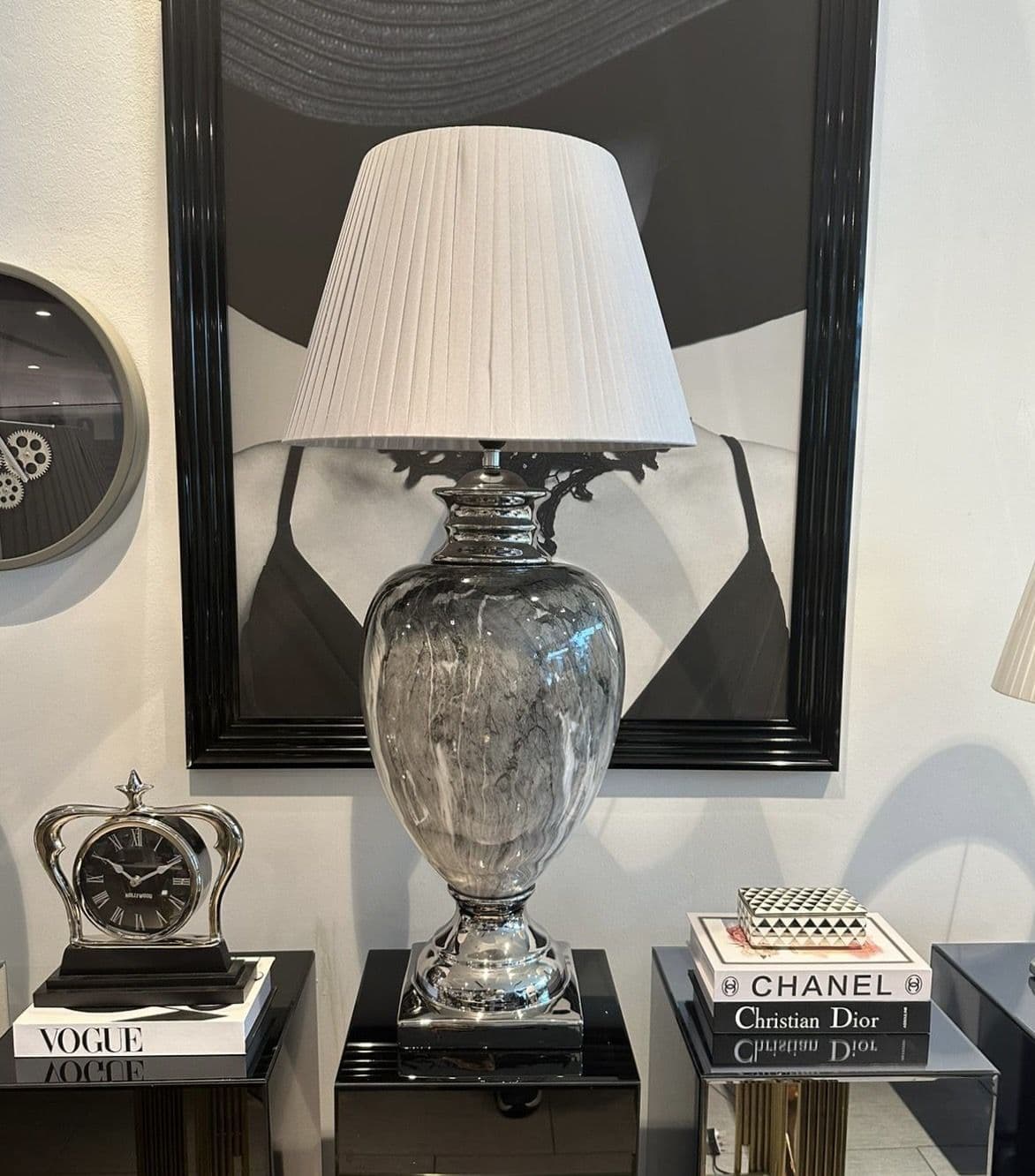 [EKM-AUTOGENERATED]Marble Effect Table Lamp With Grey Round Shade Extra Large