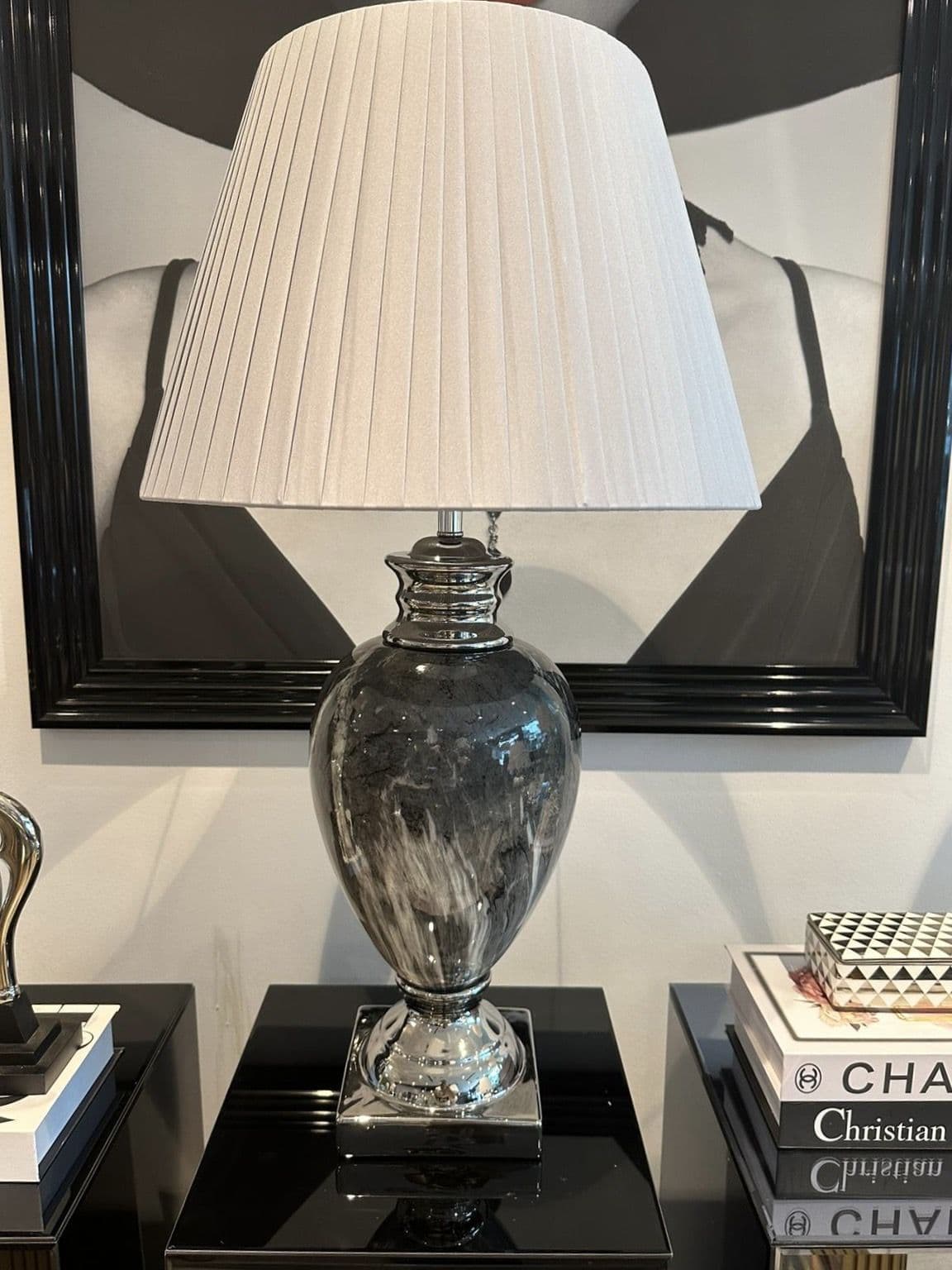 [EKM-AUTOGENERATED]Marble Effect Table Lamp With Grey Round Shade Large