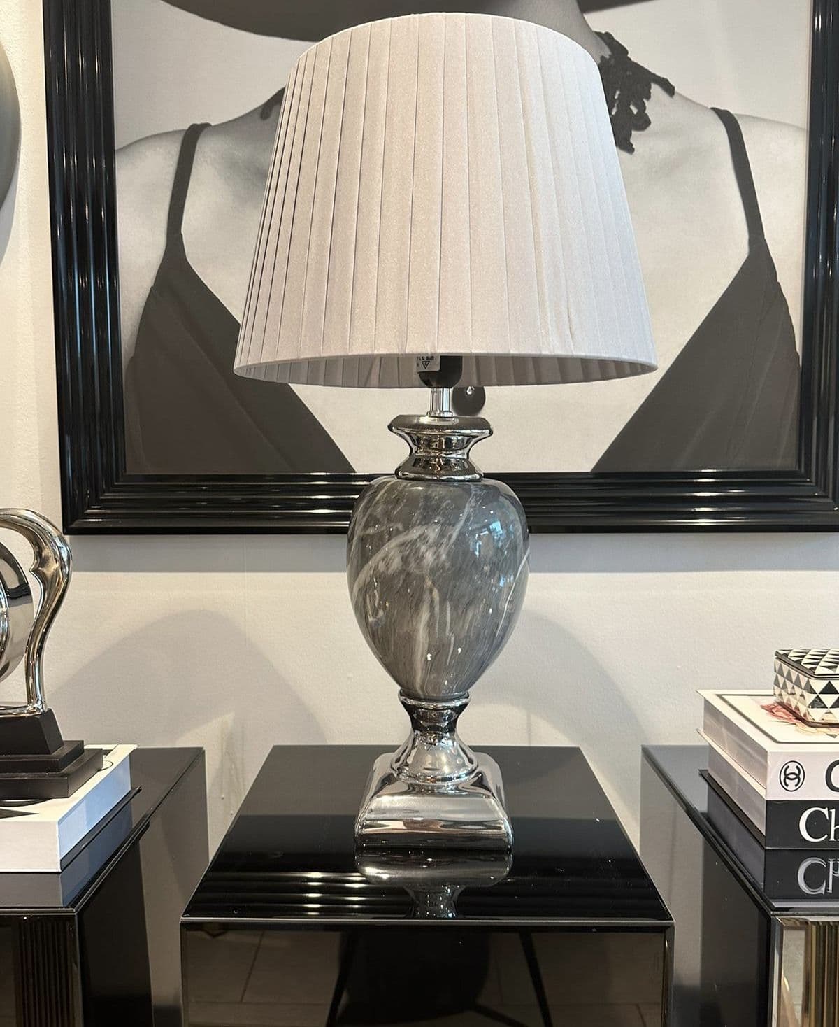 [EKM-AUTOGENERATED]Marble Effect Table Lamp With Grey Round Shade Medium