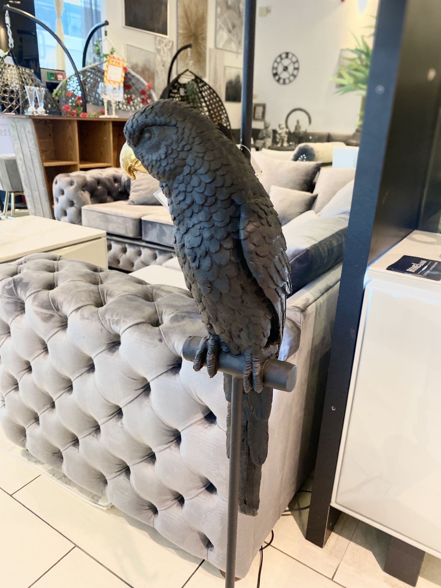Matt Black Parrot Floor Lamp with Boho Floral Shade