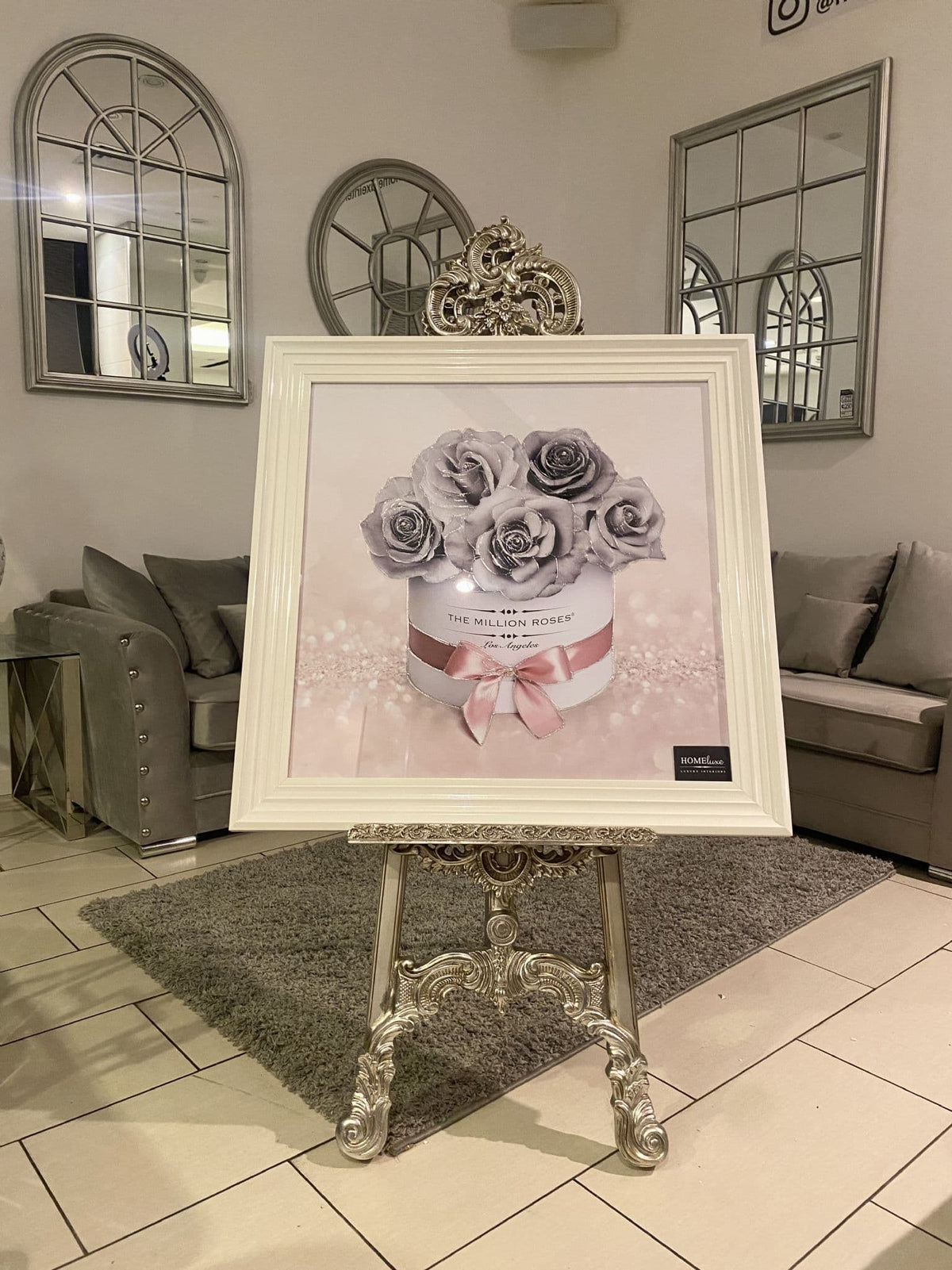 [EKM-AUTOGENERATED]Million Roses In Greywith Pink Glitter Wall Art White Frame 85Cm X 85Cm