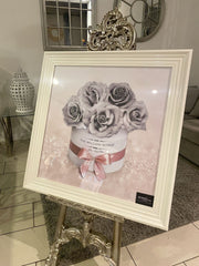 Million Roses In Greywith Pink Glitter Wall Art White Frame 85Cm X 85Cm