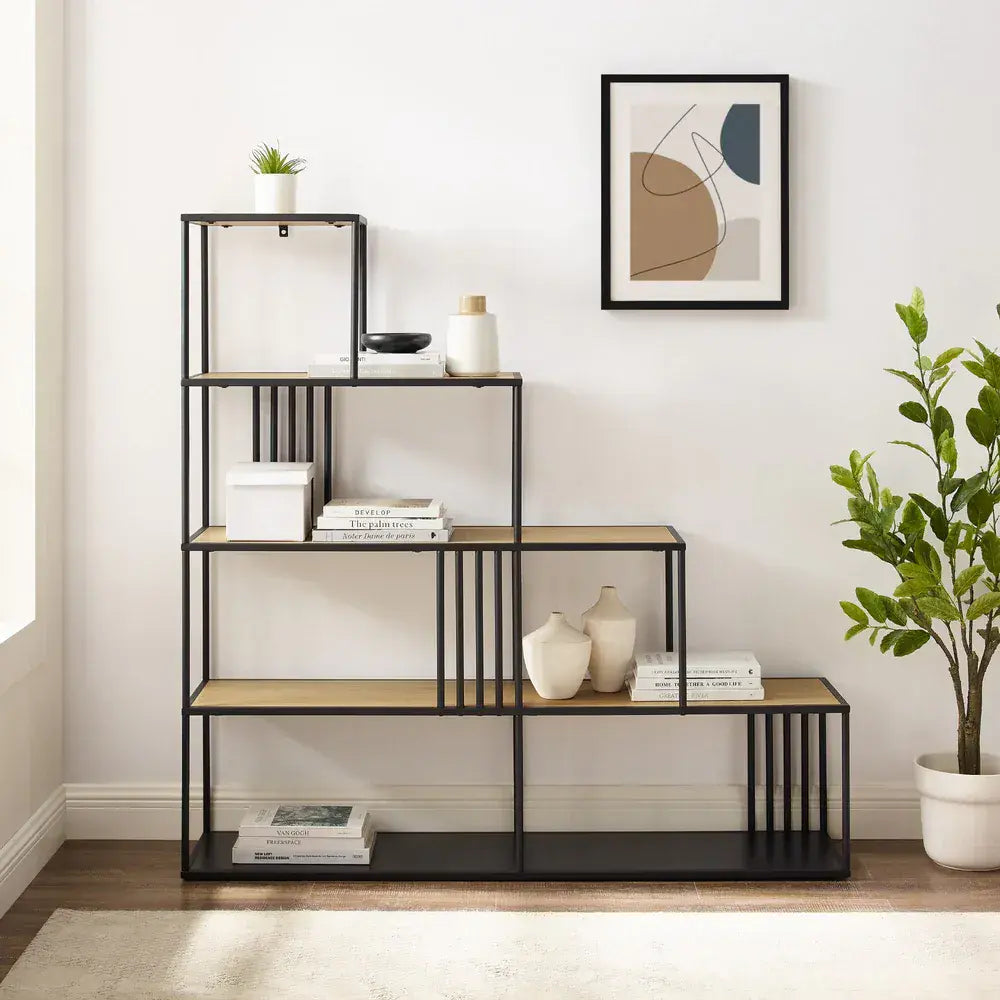 [EKM-AUTOGENERATED]Minimalist Divider Bookshelf with Slats Oak & Black