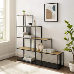 Minimalist Divider Bookshelf with Slats Oak & Black