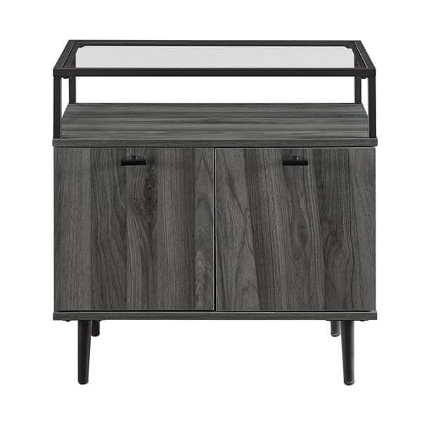[EKM-AUTOGENERATED]Modern Glass Top 2-Door Side Table - Slate Grey