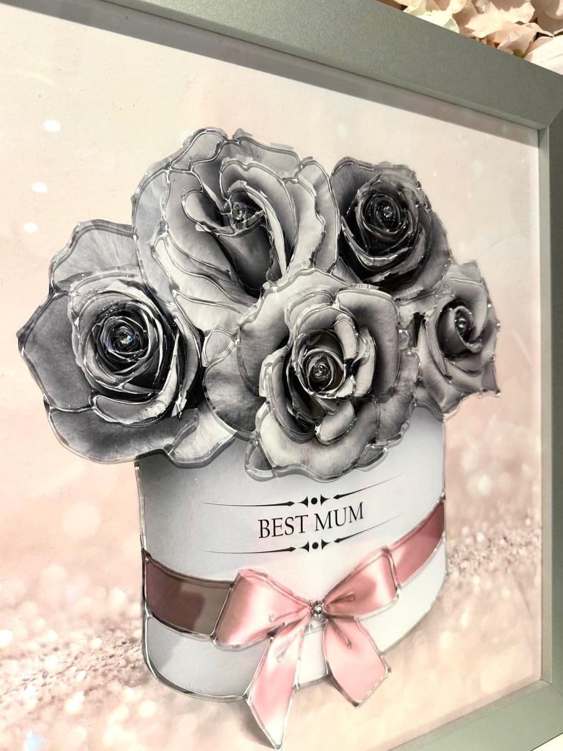 Mothers Day Grey Roses Glitter Pink Wall Art Silver Frame  Home Luxe Interior