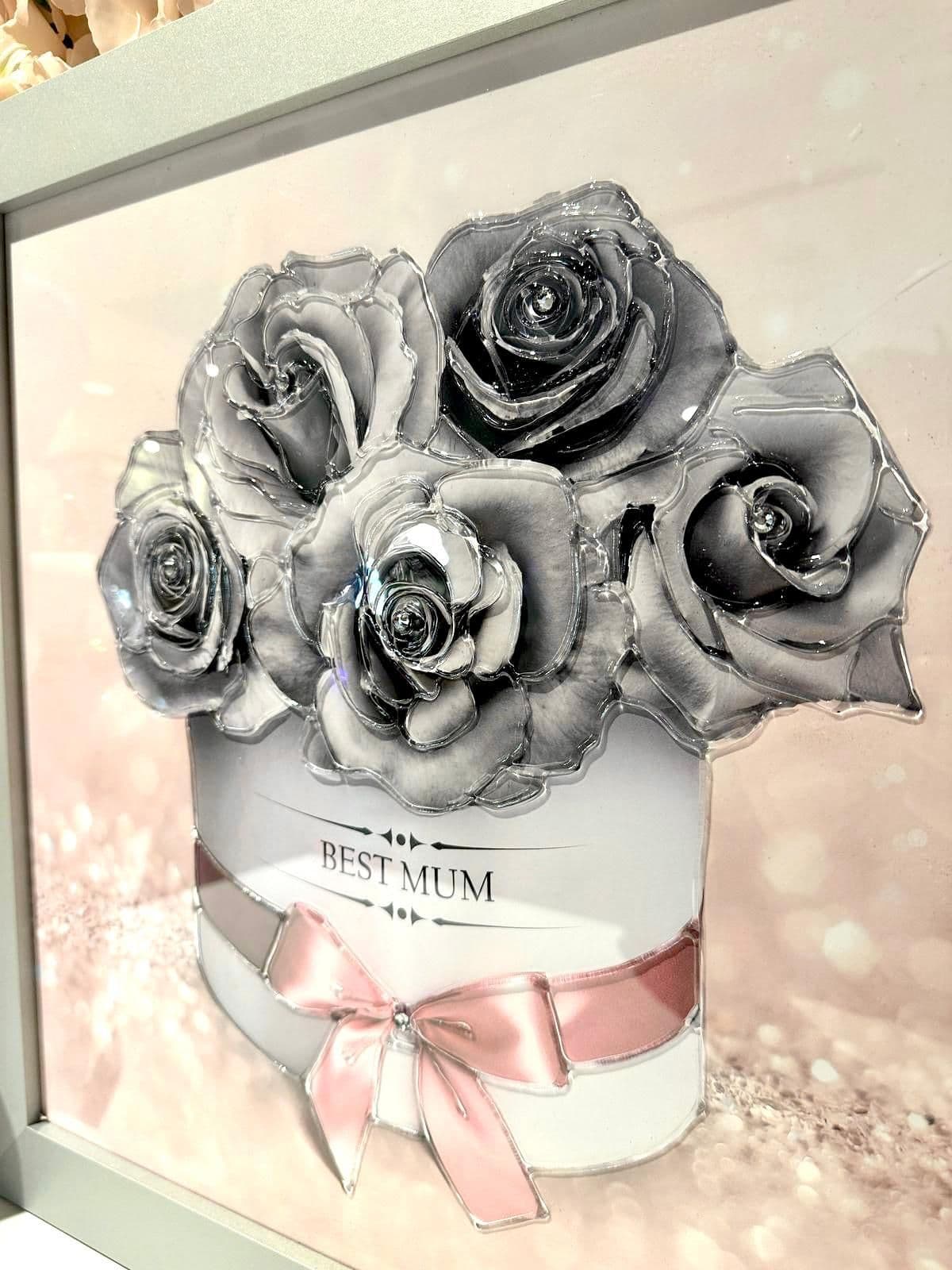 Mothers Day Grey Roses Glitter Pink Wall Art Silver Frame  Home Luxe Interior