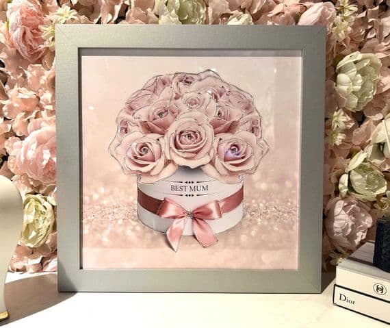 Mothers Day Pink Roses Glitter Pink Wall Art Silver Frame – Home Luxe Interior