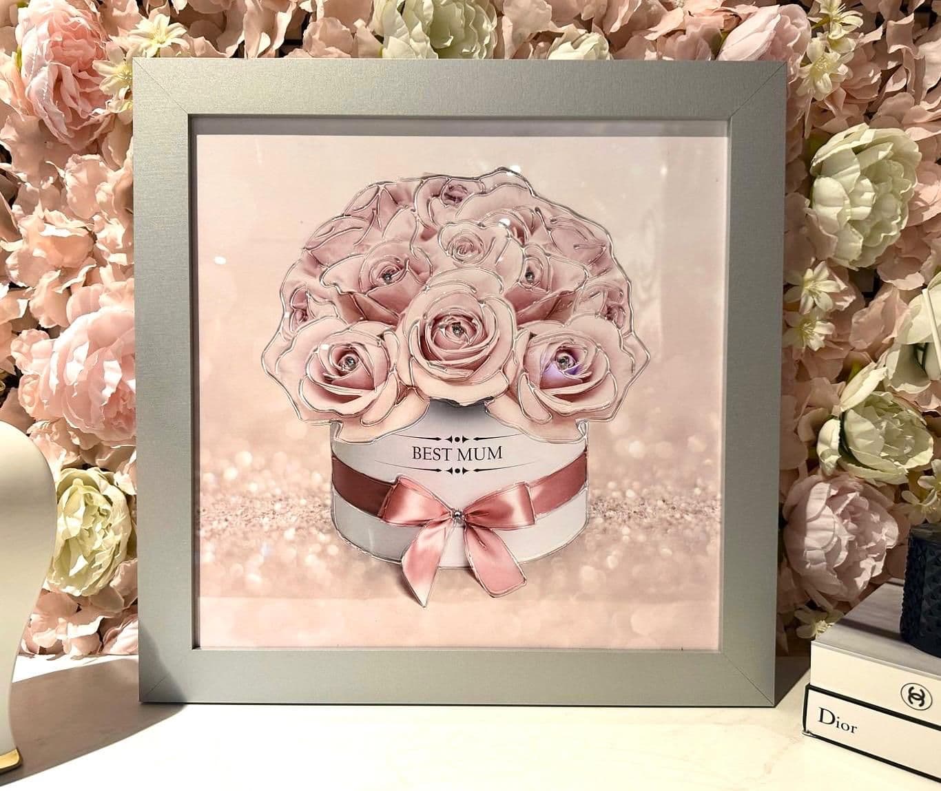 [EKM-AUTOGENERATED]Mothers Day Pink Roses Glitter Pink Wall Art Silver Frame Home Luxe Interior