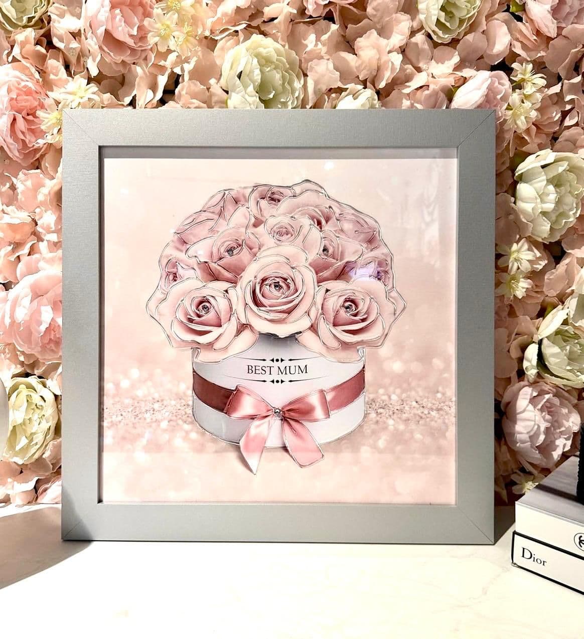Mothers Day Pink Roses Glitter Pink Wall Art Silver Frame  Home Luxe Interior