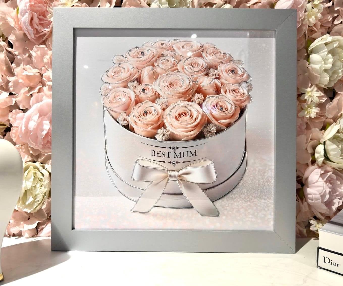 Mothers Day Pink Roses Hat Box Wall Art Silver Frame  Home Luxe Interior