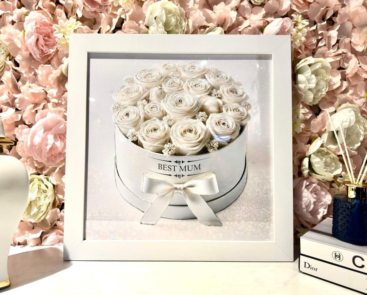 [EKM-AUTOGENERATED]Mothers Day White Roses Hat Box Wall Art White Frame Home Luxe Interior