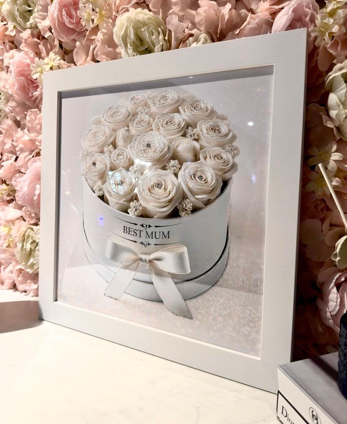 Mothers Day White Roses Hat Box Wall Art White Frame  Home Luxe Interior