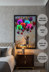 Multicolour Heart Balloons Neon LED Wall Art - Kids Room Decor 40x60cm USB - Home Luxe Interior