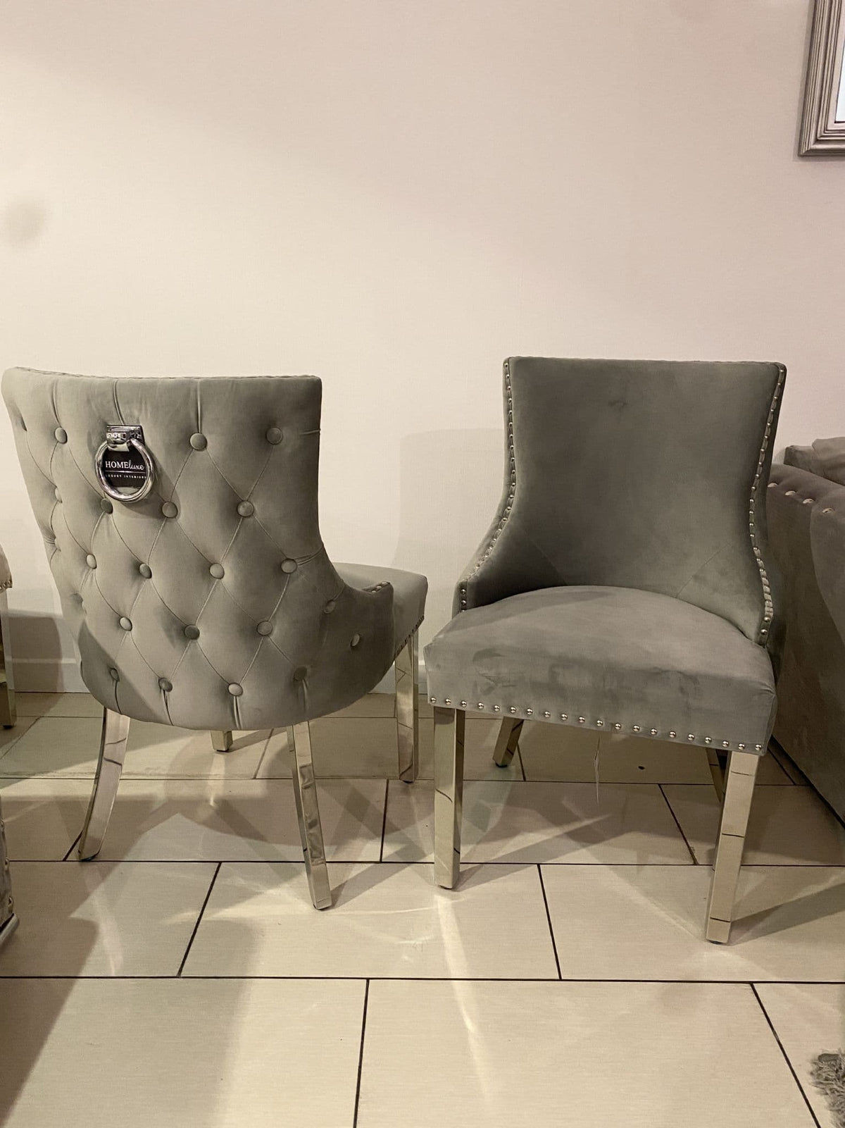 [EKM-AUTOGENERATED]Pair Of Arya Dining Chairs With Ringback In Silver Velvet