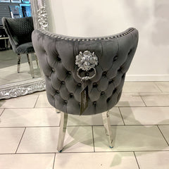 Pair Of Valencia Velvet Dining Chair With Lion Knocker In Grey