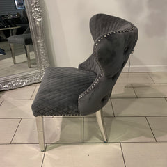 Pair Of Valencia Velvet Dining Chair With Lion Knocker In Grey