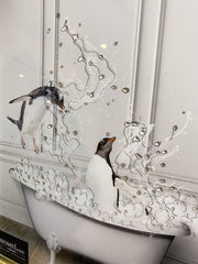 Penguins Bathtime Wall Art Alpha Black Frame 55Cm X 65Cm
