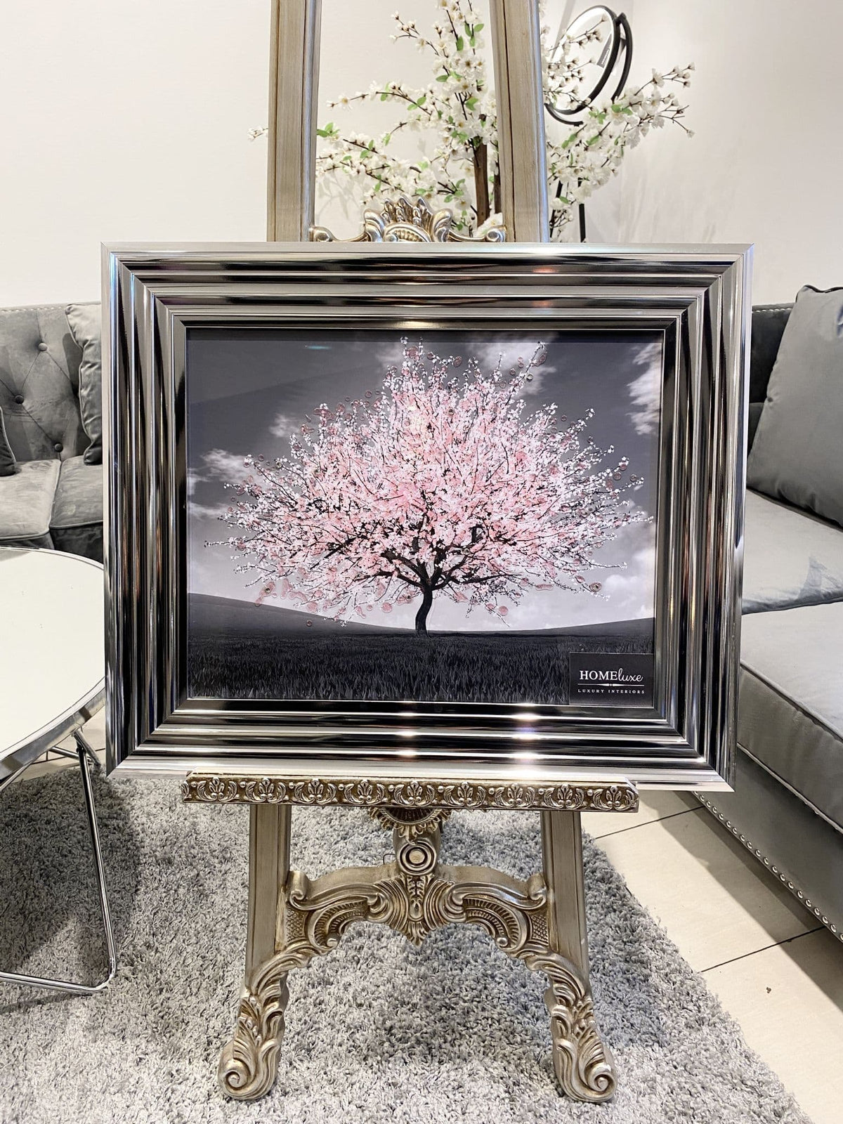 [EKM-AUTOGENERATED]Pink Blossom Tree Glitter Wall Art Chrome Frame