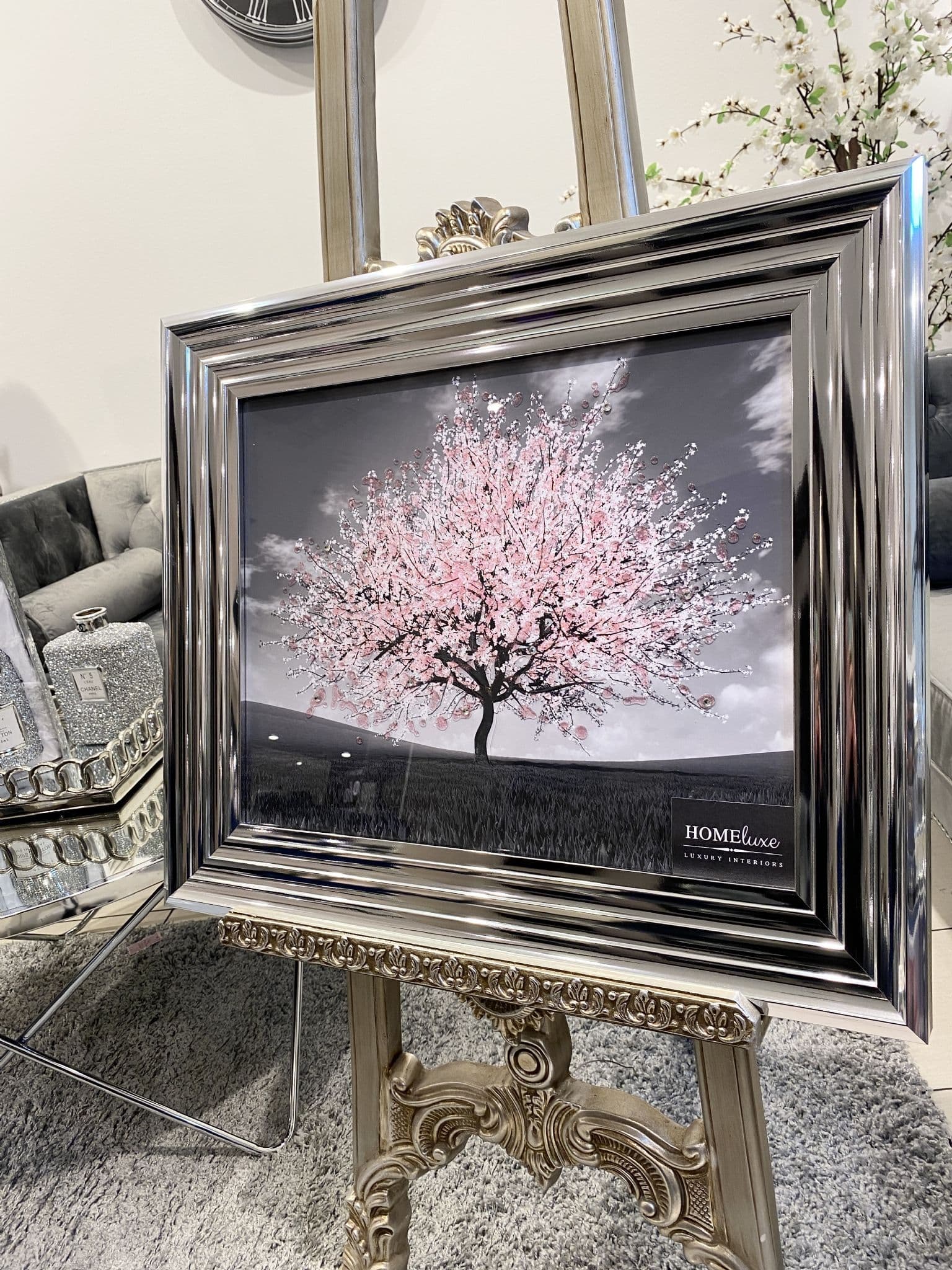 Pink Blossom Tree Glitter Wall Art Chrome Frame