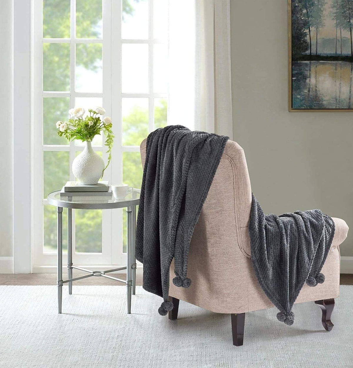 [EKM-AUTOGENERATED]Popcorn Pom Pom Soft Throw 200cm x 240cm Charcoal