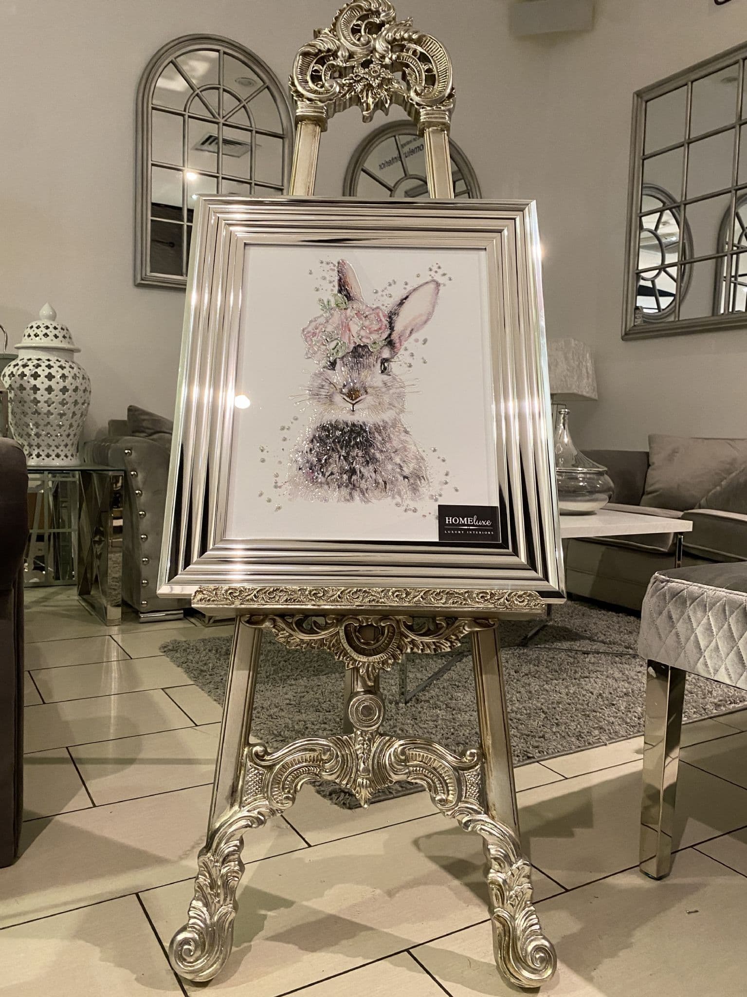 [EKM-AUTOGENERATED]Rabbit Floral Watercolour Wall Art Chrome Frame 65Cm X 55Cm