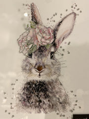 Rabbit Floral Watercolour Wall Art Chrome Frame 65Cm X 55Cm