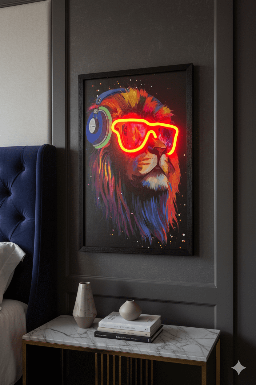 Rave Lion Neon LED Wall Art - 40x60cm Canvas with Headphones & Glasses USB