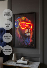 Rave Lion Neon LED Wall Art - 40x60cm Canvas with Headphones & Glasses USB
