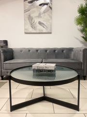 Ribbed Glass Top Round Coffee Table With Black Frame