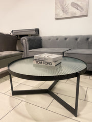 Ribbed Glass Top Round Coffee Table With Black Frame