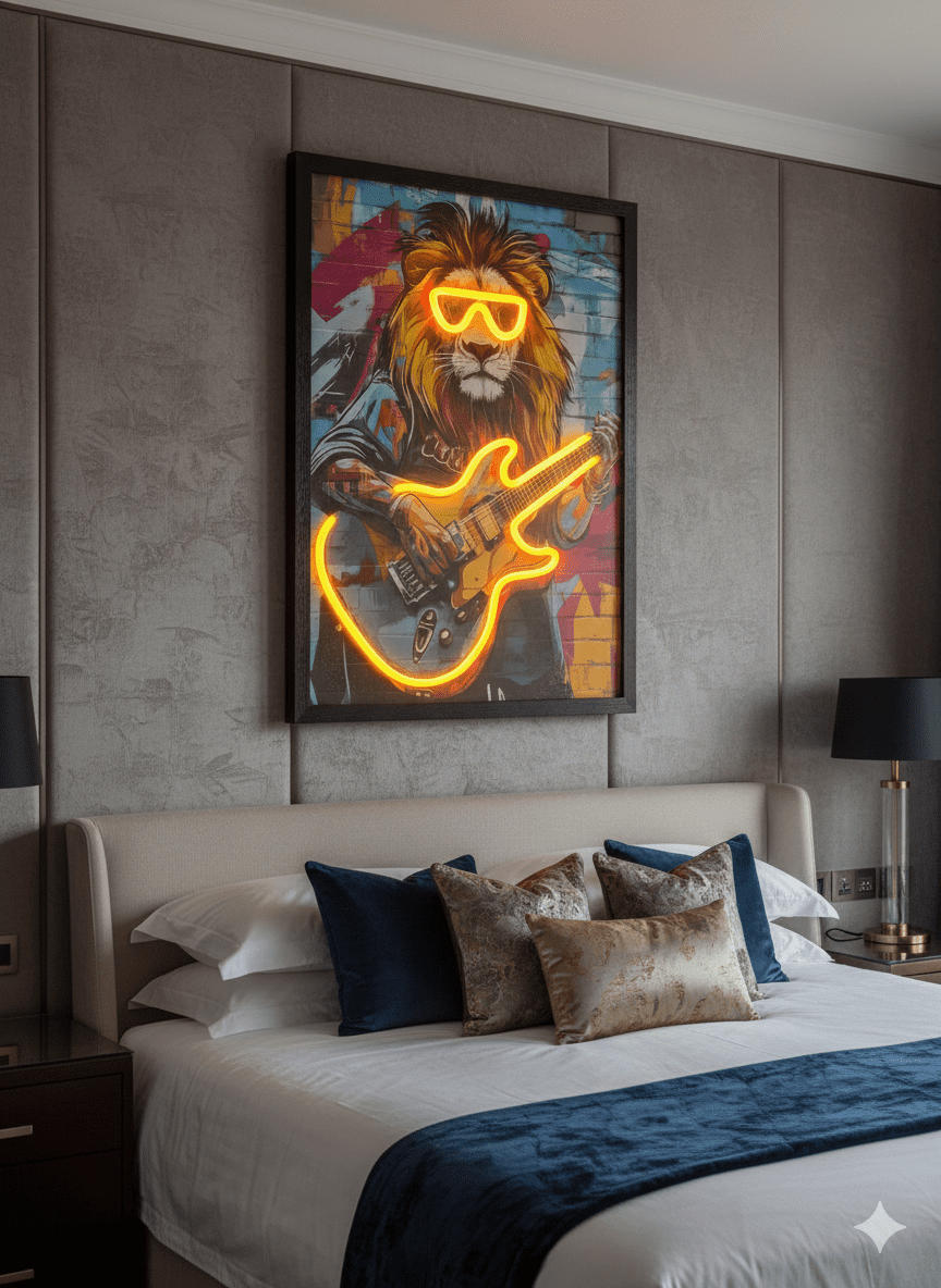 Rock Star Lion Guitarist Neon LED Wall Art - 40x60cm Canvas USB