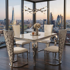 1.2m Grey Marble Dining Table with 4 Vienna Cream Silver Chairs UK