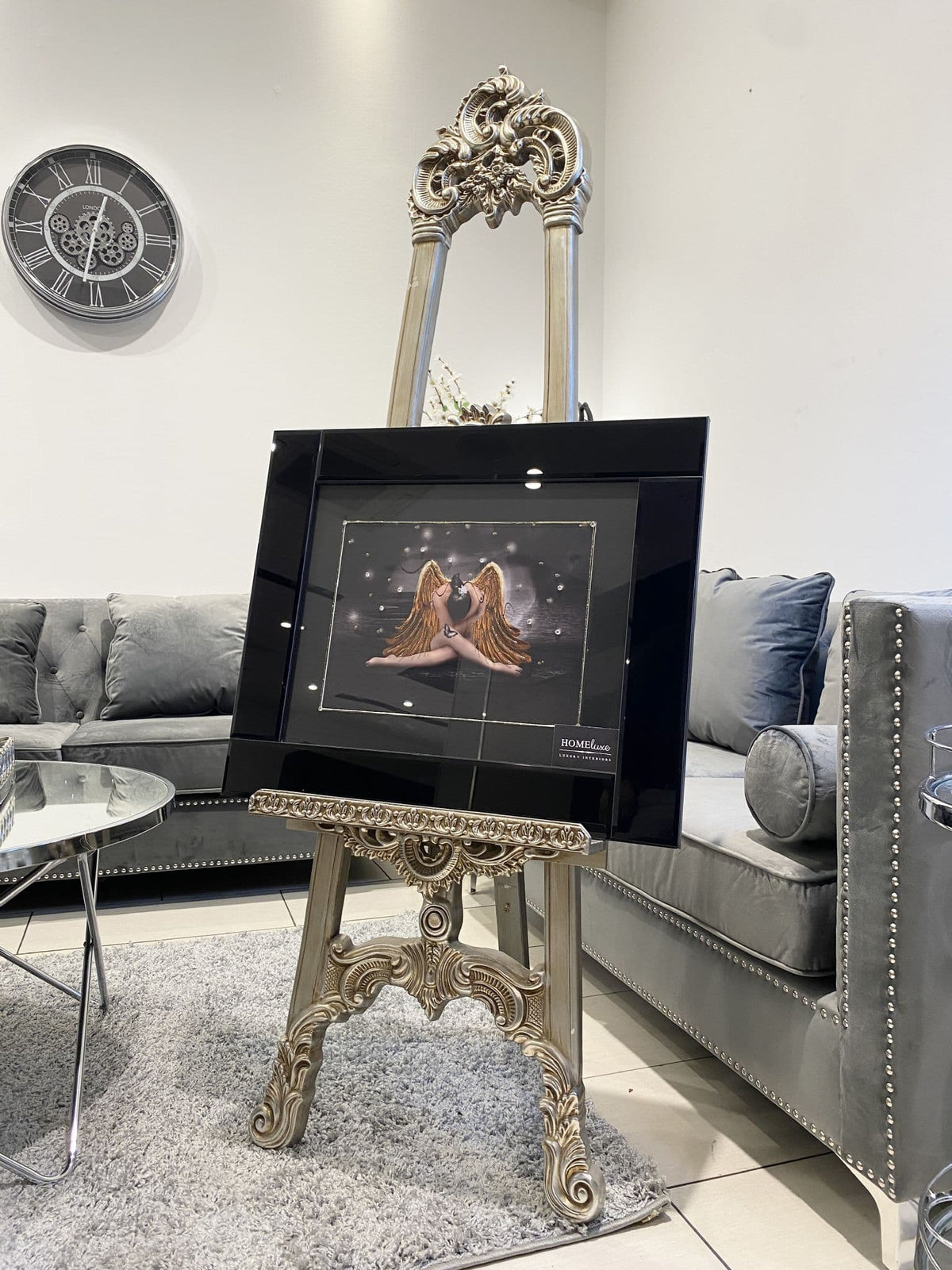 [EKM-AUTOGENERATED]Sitting Angel Gold Wings Glitter Wall Art Black Mirror Frame