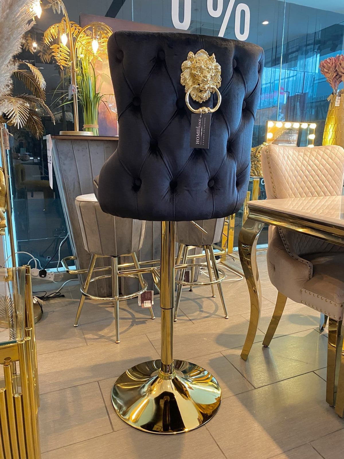 [EKM-AUTOGENERATED]Victoria Black Velvet Barstool With Gold Lion Knocker