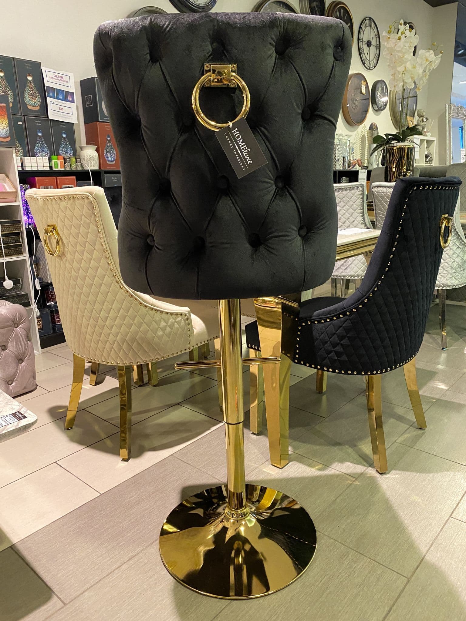 [EKM-AUTOGENERATED]Victoria Black Velvet Barstool With Gold Ring Knocker