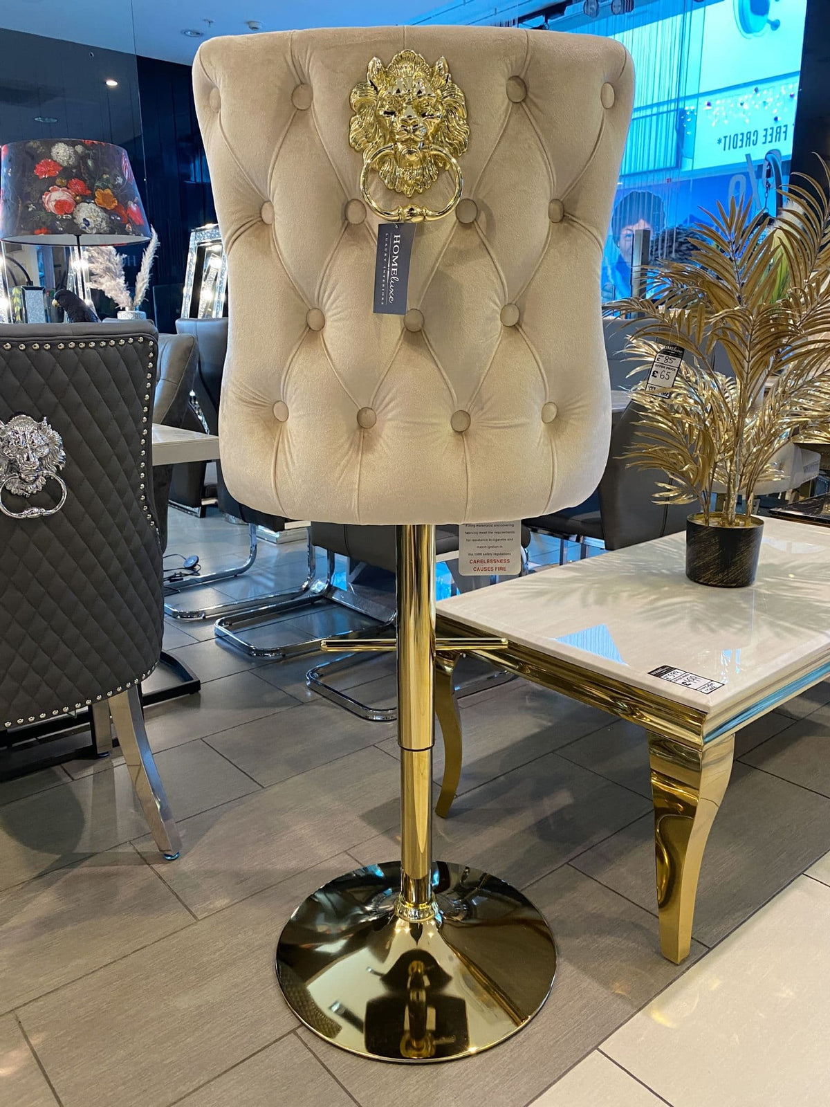 [EKM-AUTOGENERATED]Victoria Cream Velvet Barstool With Gold Lion Knocker