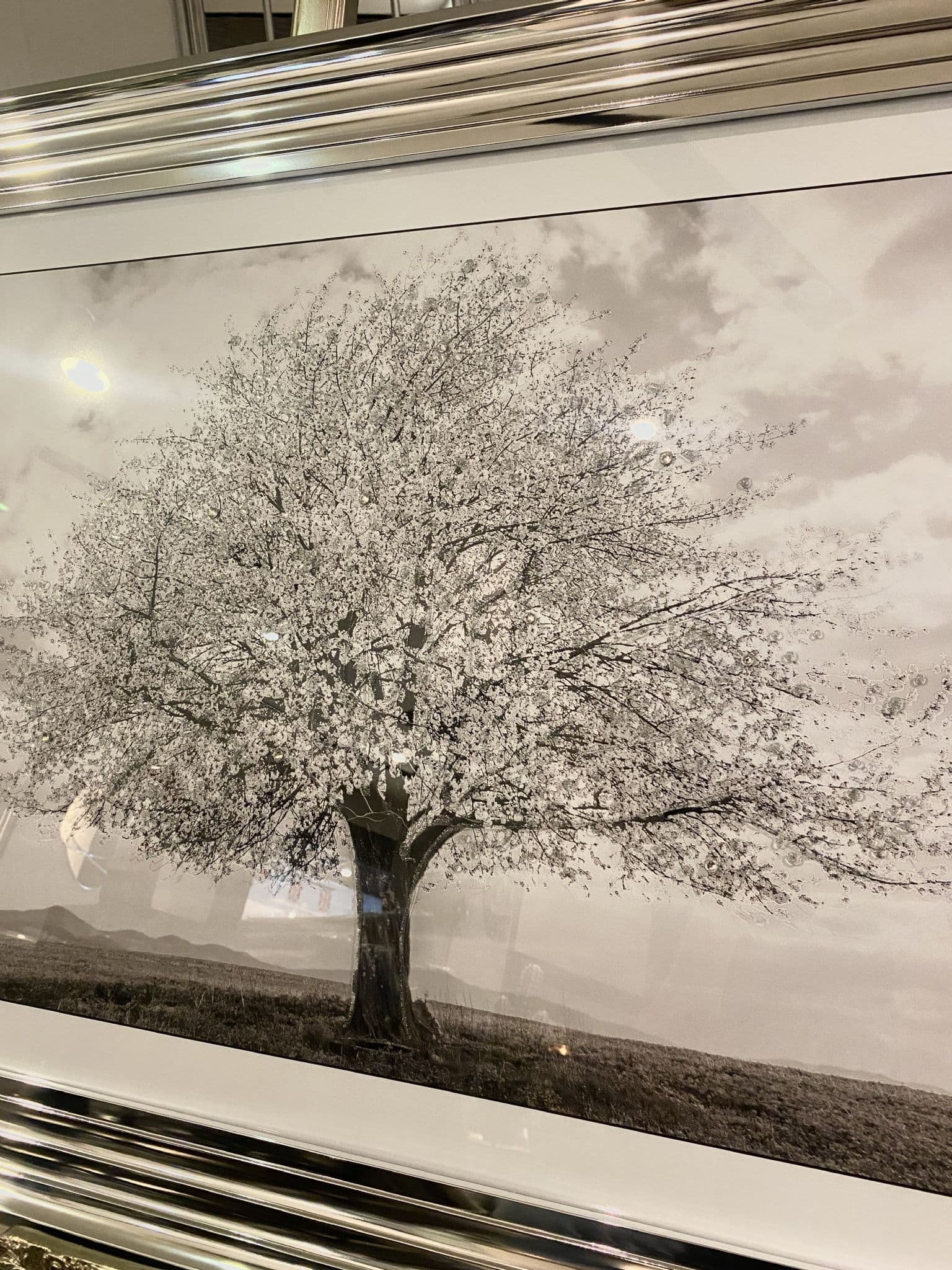 White Snow Silver Blossom Tree Wall Art Silver Step Frame 90Cm X 70Cm