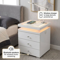 LED Media White Bedside 3 Drawer