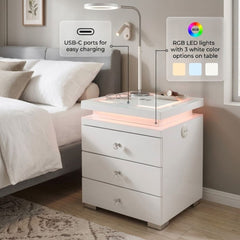LED Media White Bedside 3 Drawer